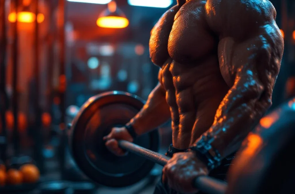 Gespierde atleet voert deadlift uit met barbell in CrossFit gym met dramatische verlichting en sportuitrusting op achtergrond