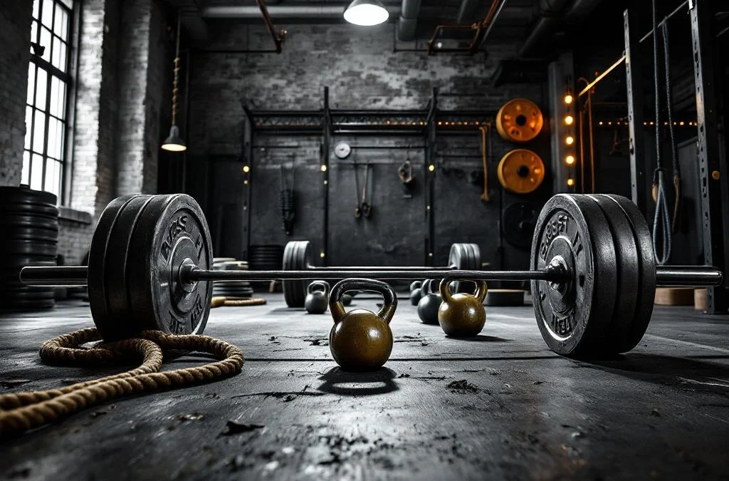 CrossFit gym met halterstangen, kettlebells en battle ropes op betonvloer onder dramatische verlichting