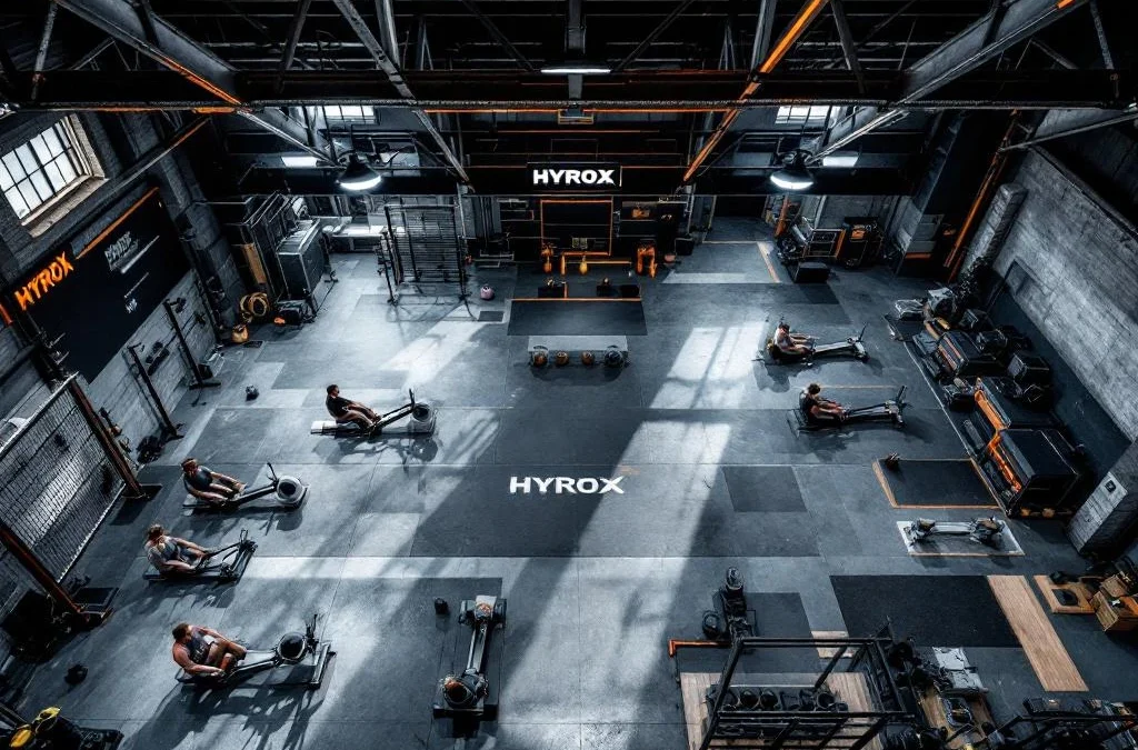 Moderne CrossFit gym in Eindhoven met Hyrox trainingsapparatuur, roeitoestellen en kettlebells onder industriële verlichting