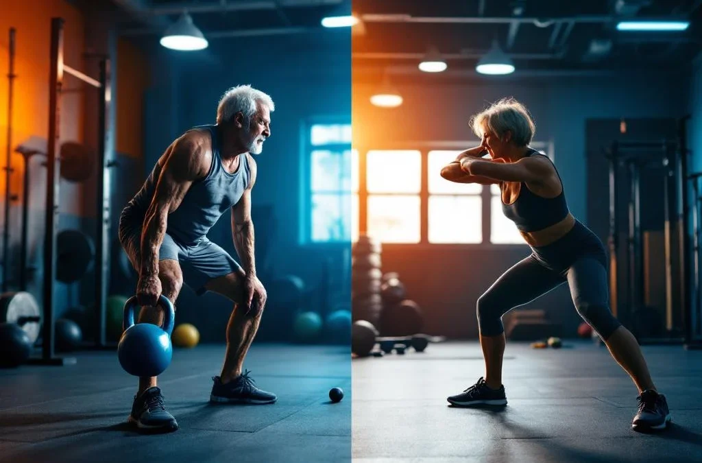 Oudere atleet doet kettlebell swing en stretchoefening in moderne CrossFit sportschool met oranje en blauwe verlichting