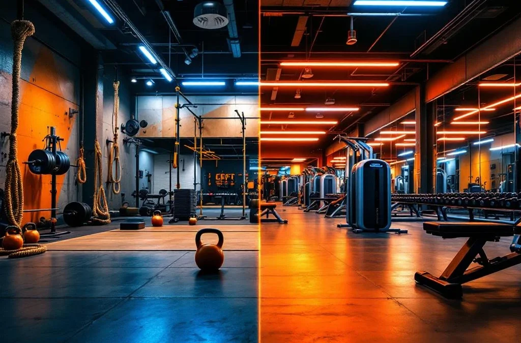 Gesplitst beeld van CrossFit box met halterstangen links en traditionele sportschool met machines rechts