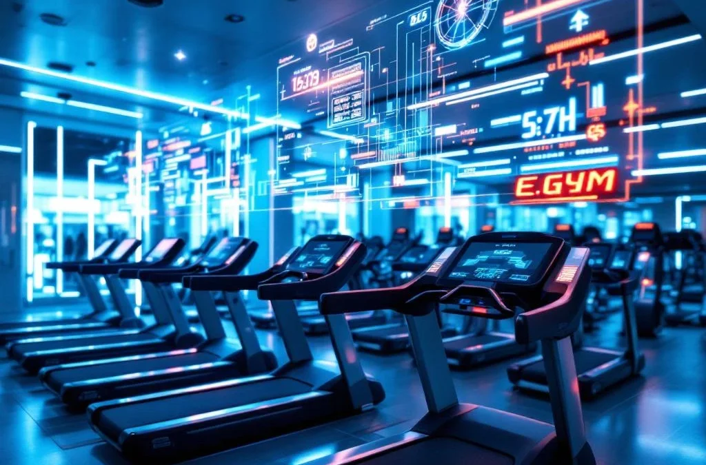 Moderne sportschool met geavanceerde EGYM fitnessapparatuur, digitale displays en LED-verlichting in high-tech omgeving