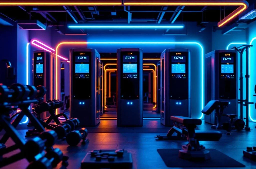 Moderne sportschool met EGYM smart trainingsapparatuur, digitale displays en kleurrijke LED-verlichting voor beginners