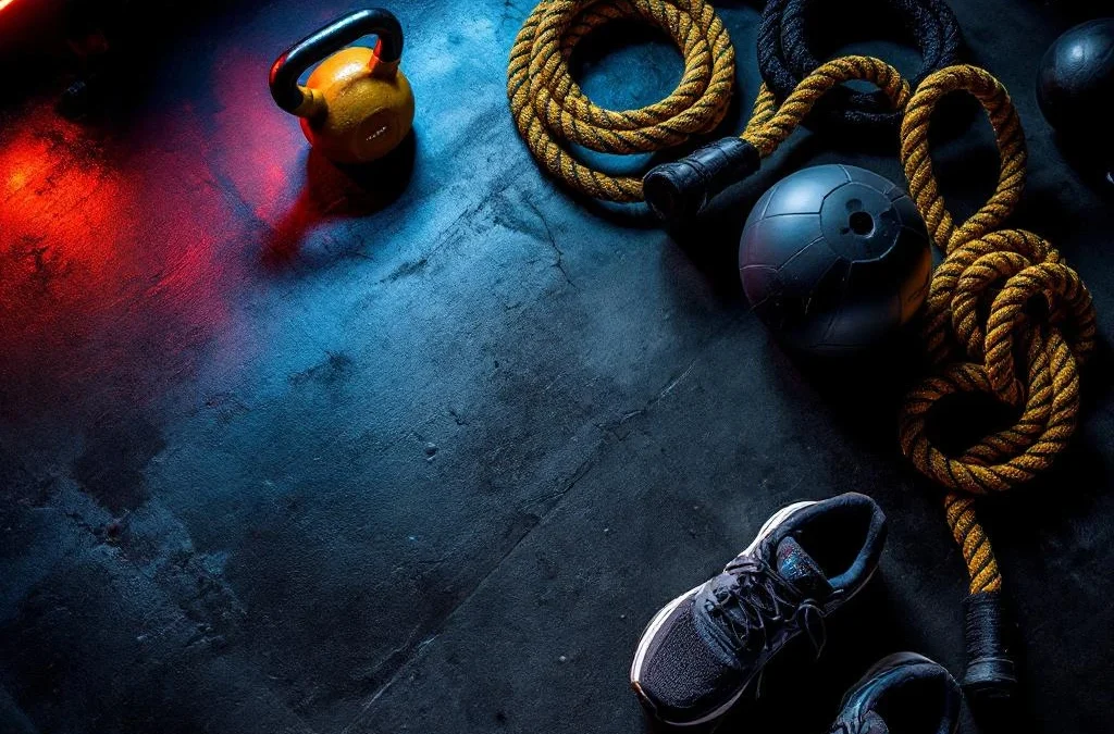 Fitnessapparatuur op donkere gymvloer: kettlebells, touwen, roeigreep, medicijnbal en sportschoenen klaar voor training