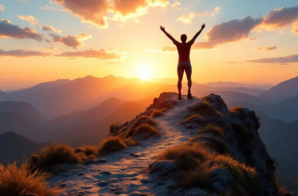 Persoon in sportkleding staat met opgeheven armen op bergtop bij zonsopgang, pad symboliseert gewichtsverlies reis