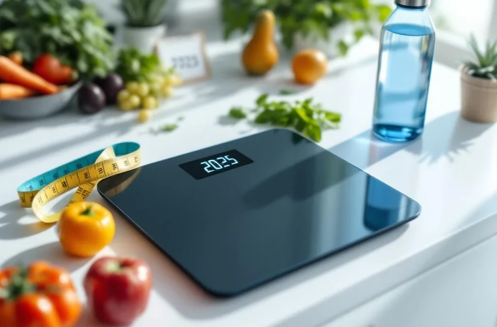 Digitale weegschaal omringd door verse groenten, meetlint en waterfles op witte ondergrond met 2025 kalender op achtergrond