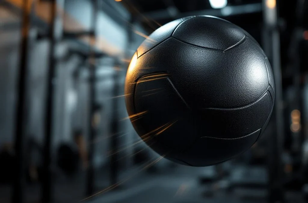Zwarte medicijnbal in beweging tijdens CrossFit training in sportschool met gewichten en pull-up bars op achtergrond