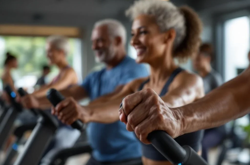 Diverse leeftijdsgroepen trainen samen op EGYM smart fitnessapparatuur in moderne sportschool met natuurlijk licht