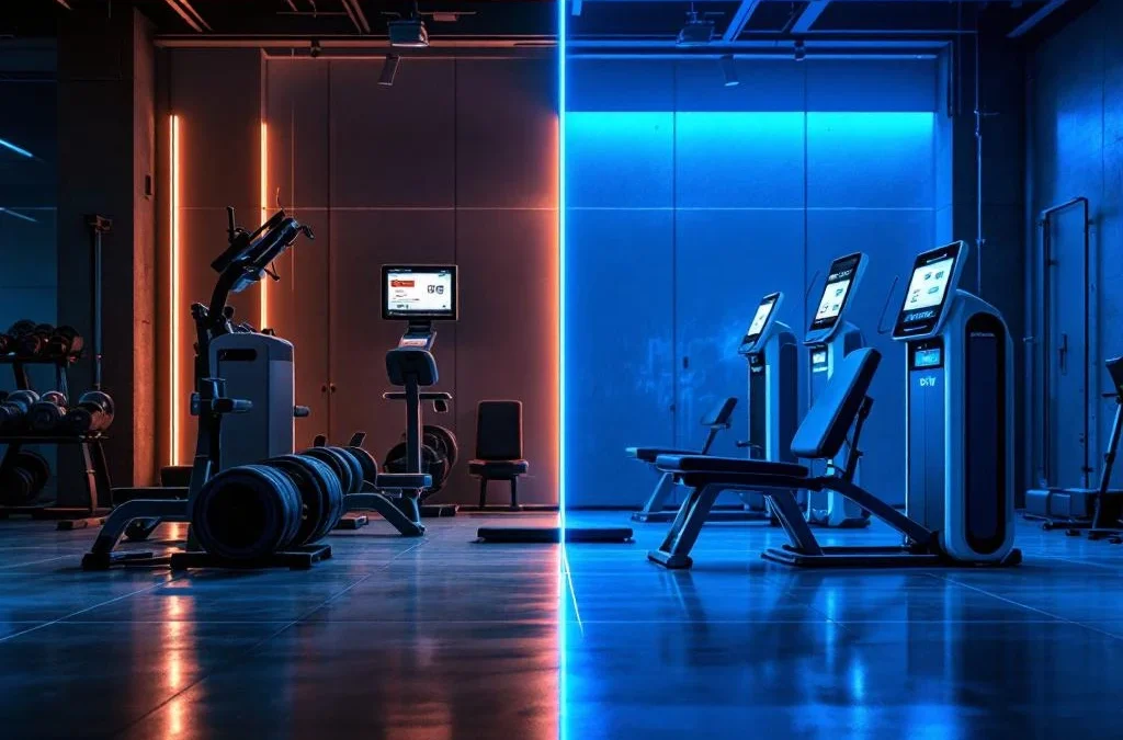 Vergelijking van traditionele fitnessapparatuur met halters links en moderne EGYM smart trainingstoestellen rechts