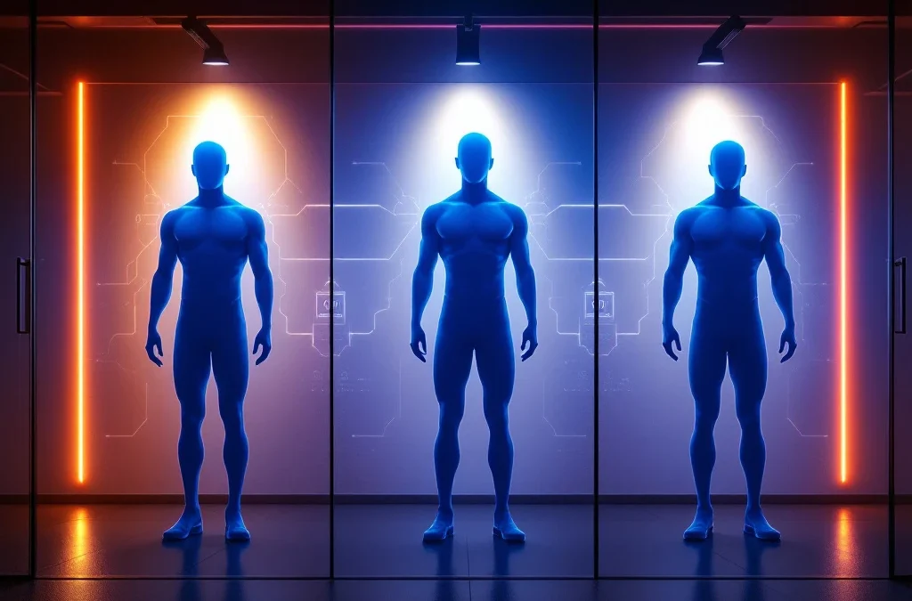 Drie lichaamstypes verbonden met slimme EGYM fitnessapparatuur via AI-netwerk in moderne sportschool met blauwe verlichting