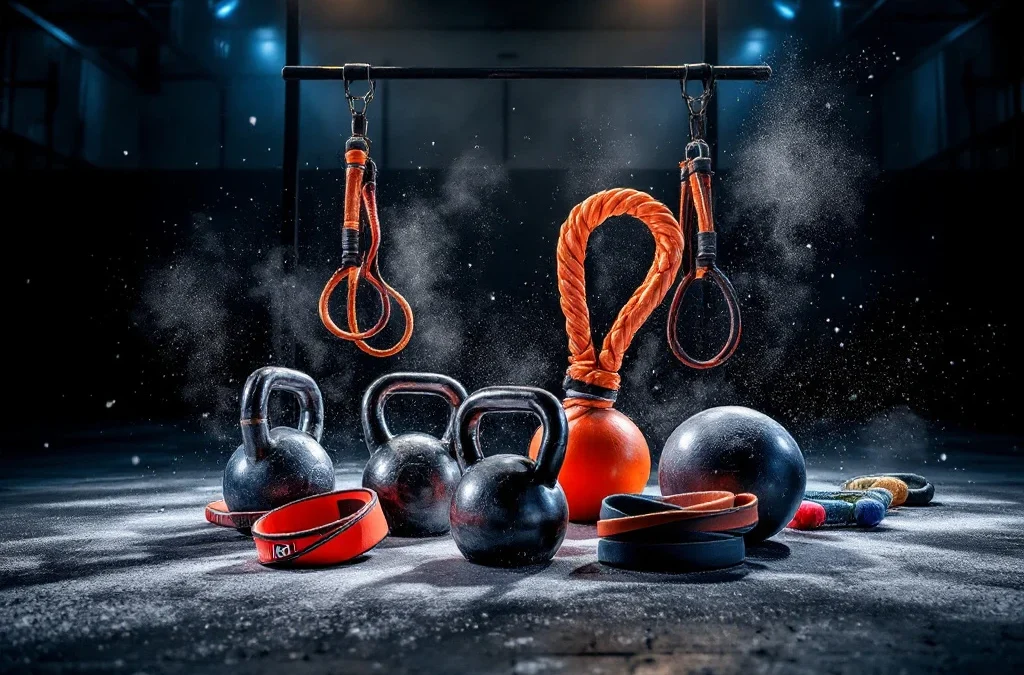 Zes CrossFit trainingsapparaten in cirkel gerangschikt met dramatische verlichting in industriële sportschool