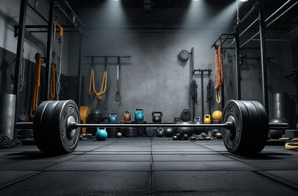 CrossFit sportschool met halters, kettlebells, touwen en fitnessapparatuur op moderne gymvloer met dramatische verlichting