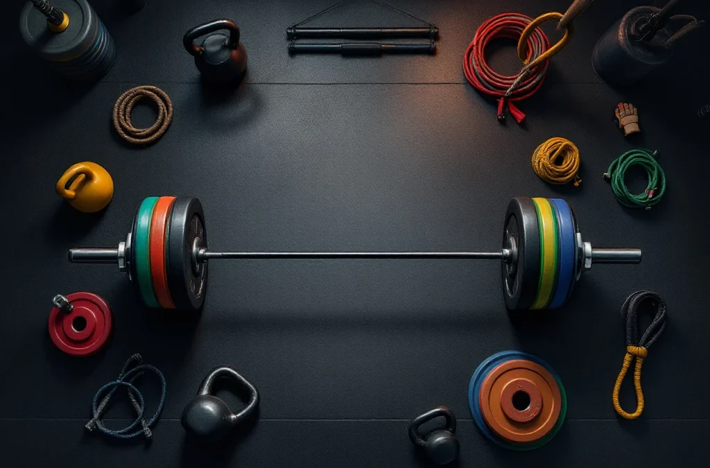 CrossFit-uitrusting met olympische halter, kettlebells, ringen en springtouw op donkere sportschoolvloer