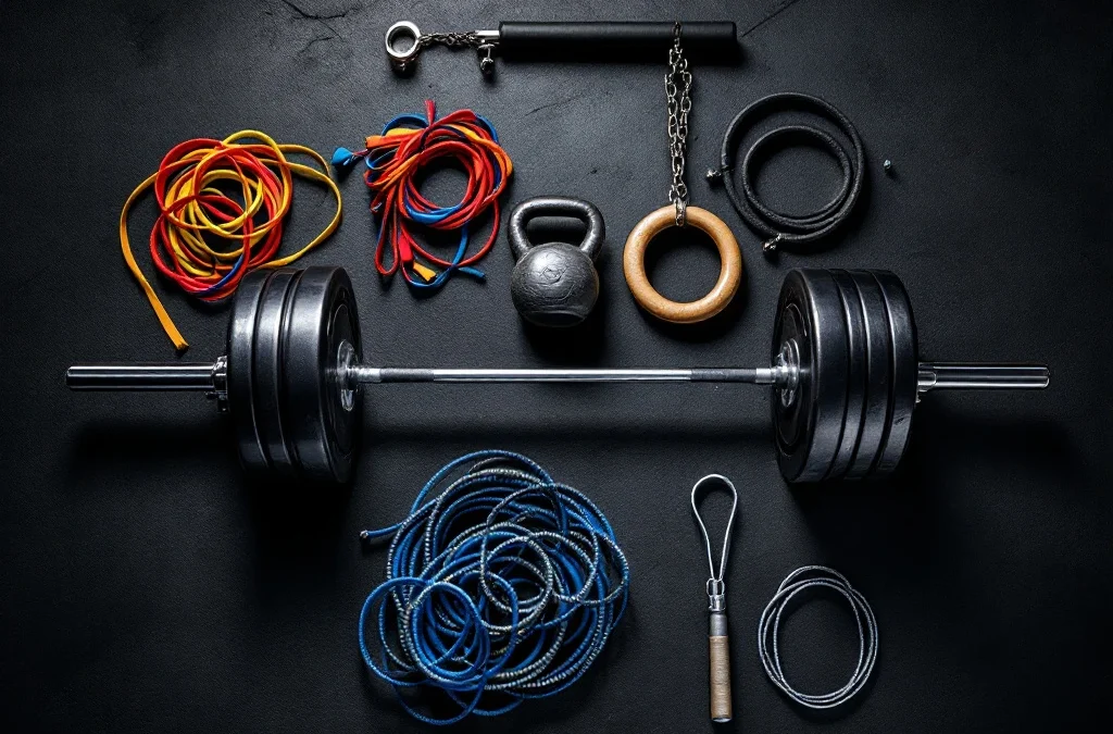 CrossFit-apparatuur van bovenaf: barbell met gewichten, weerstandsbanden, kettlebell, gymnastiekringen en springtouw op donkere gymvloer
