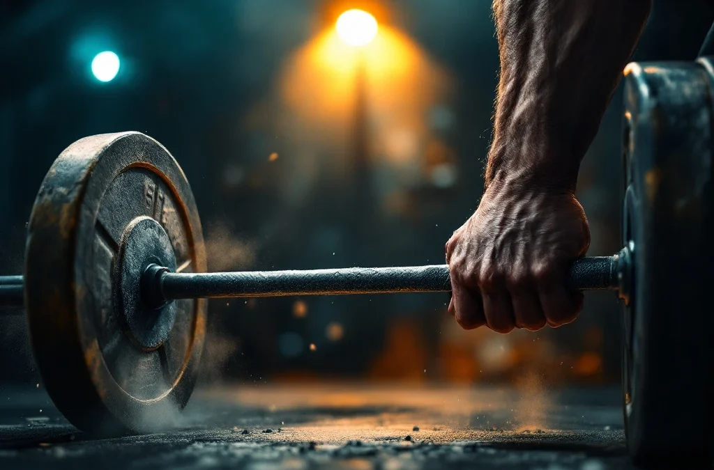 Gespierde handen grijpen halter in CrossFit gym met dramatische verlichting en zwevend krijtstof