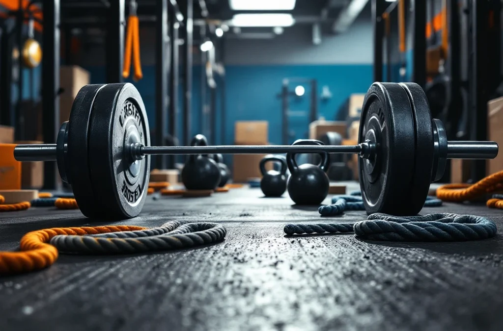 CrossFit gym met halters, kettlebells en battle ropes op rubberen vloer met dramatische belichting en oranje accenten