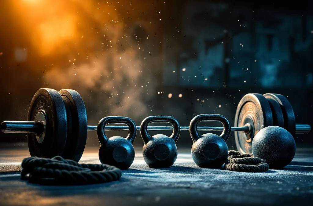 CrossFit gym met halter, kettlebells, battle ropes, pull-up bar en medicine ball onder dramatische verlichting