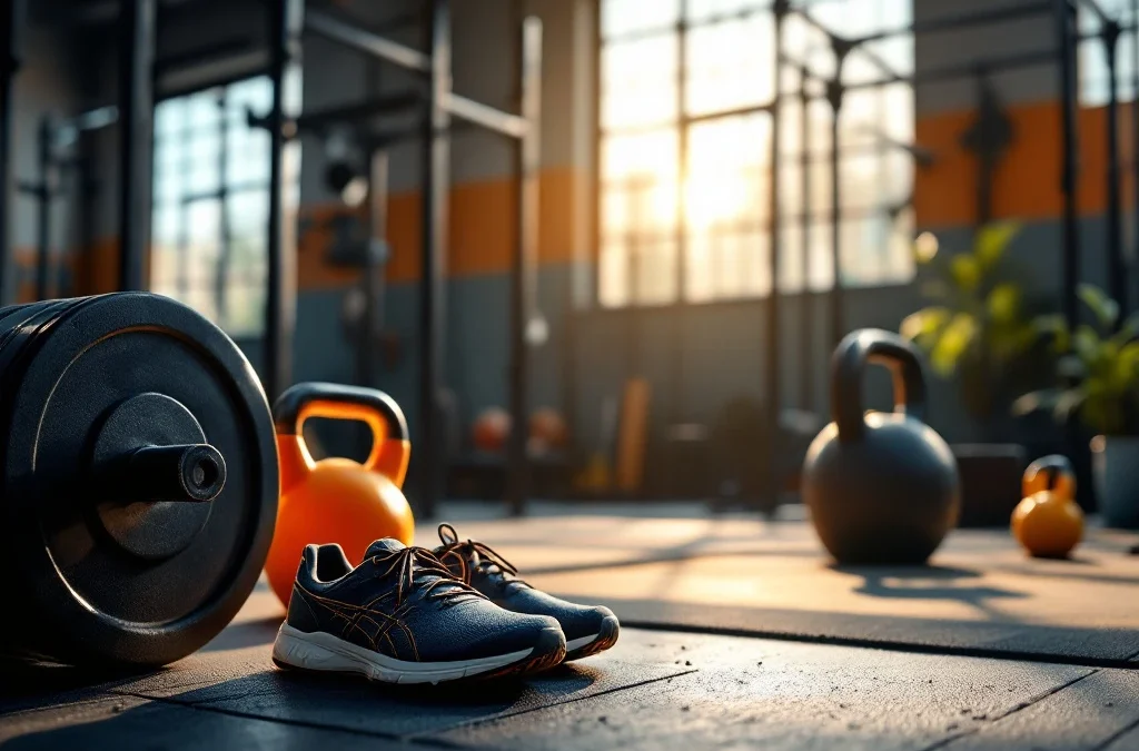CrossFit gym interieur met halters, kettlebells en sportschoenen op rubberen vloer in warm natuurlijk licht