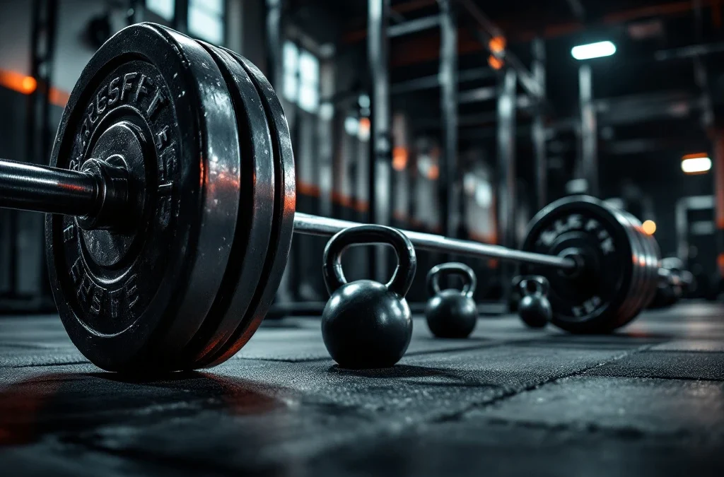 CrossFit gym met halters, kettlebells op rubber vloer en pull-up bars, dramatische verlichting benadrukt kracht