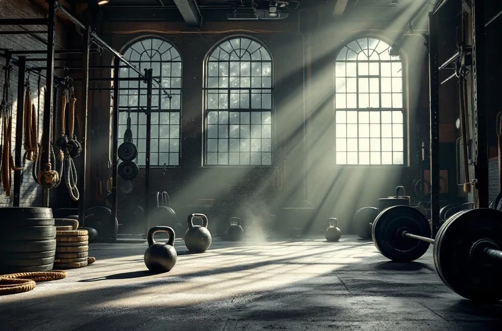CrossFit gym interieur met barbells, kettlebells, battle ropes en pull-up rekken onder natuurlijk licht door ramen