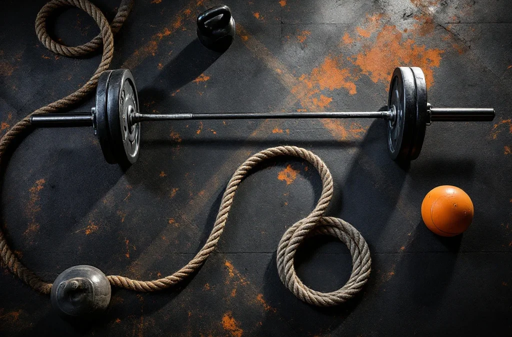 CrossFit gym bovenaanzicht met barbell, battle rope, kettlebell en medicine ball op rubber vloer met dramatische belichting