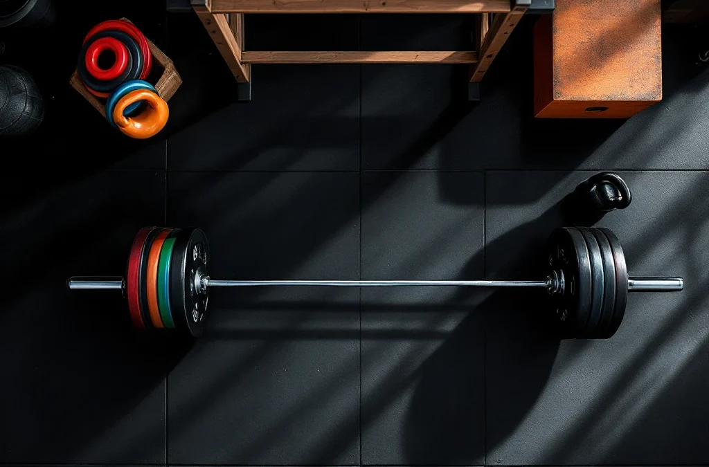 CrossFit gym uitrusting van bovenaf: halter met gewichten, pull-up rek, kettlebell en jump box op rubber vloer