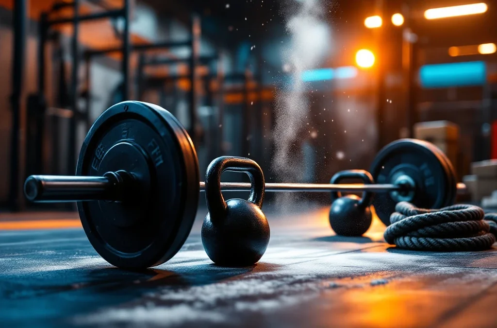 CrossFit gym met halters, kettlebells en battle ropes in dramatisch oranje-blauw licht met zwevend krijtstof