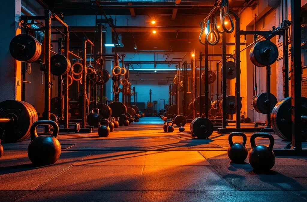 CrossFit gym met barbells, kettlebells en olympische ringen in dramatische verlichting op rubberen vloer