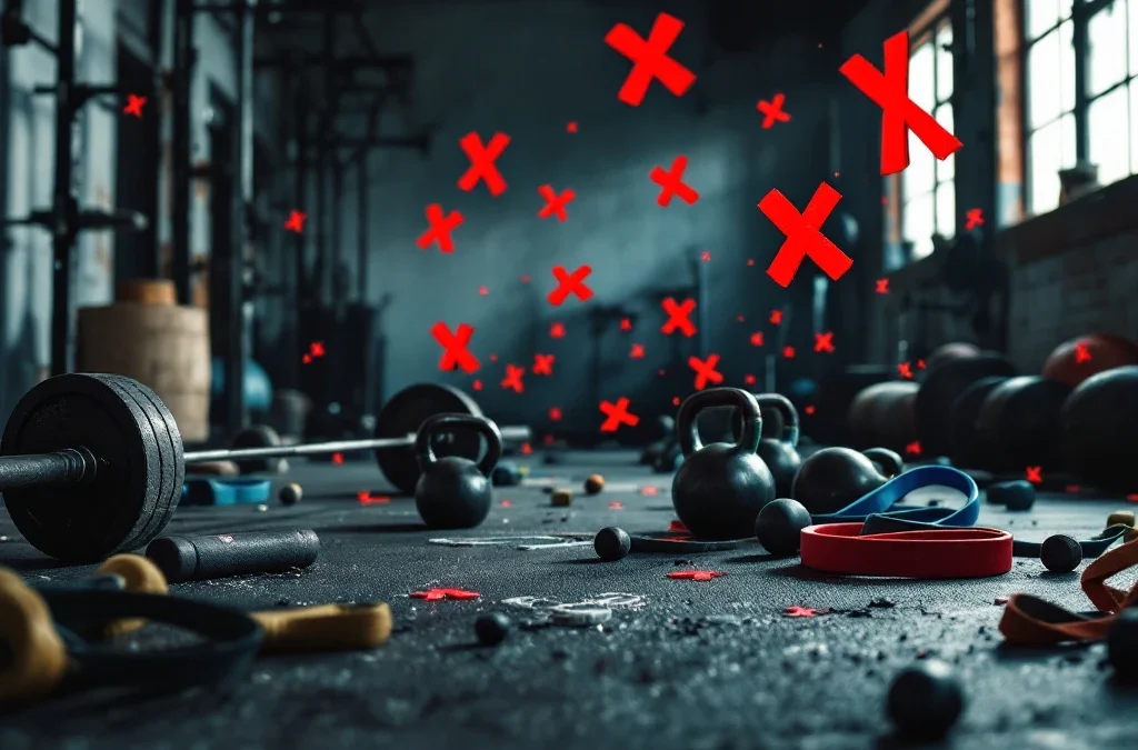 CrossFit sportschool met halters, kettlebells en weerstandsbanden onder rode X-symbolen die fitness mythes doorpriken