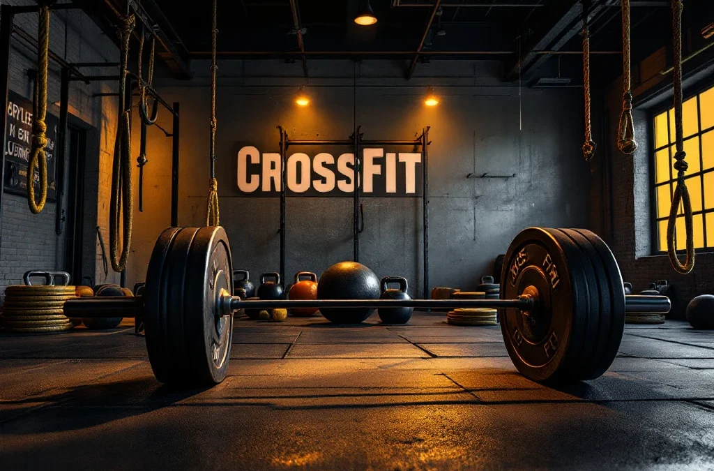 CrossFit gym interieur met halters, kettlebells en touwen onder dramatische verlichting op rubberen vloer