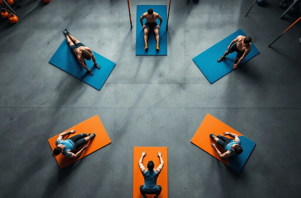 Zeven CrossFit oefenstations in cirkelpatroon op sportschoolvloer met kettlebells, medicijnballen en weerstandsbanden