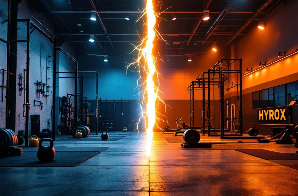 CrossFit gym met barbells en kettlebells tegenover Hyrox competitie setup, gescheiden door dynamische bliksemschicht