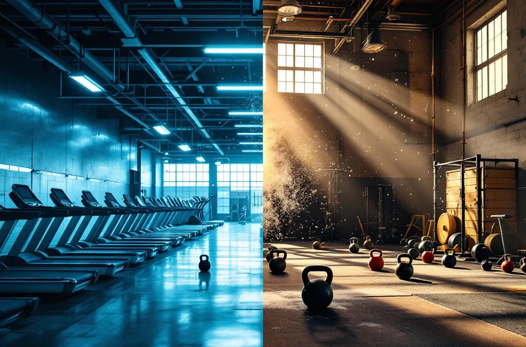 Vergelijking traditionele sportschool met rijen loopbanden versus levendige CrossFit box met functionele apparatuur