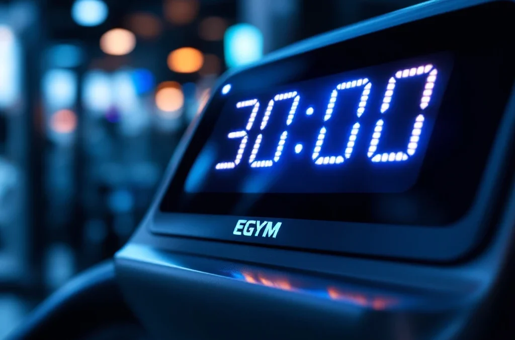 Digitale timer op EGYM fitnessapparatuur toont 30:00 in heldere LED-cijfers in moderne sportschool
