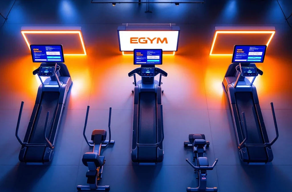 Bovenaanzicht van drie moderne EGYM fitnessstations met digitale schermen in een professionele sportschool