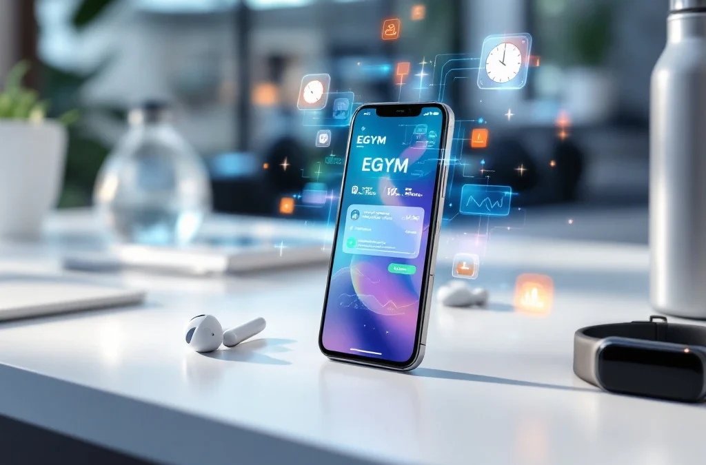 Smartphone met EGYM fitness app op wit bureau omringd door oordopjes, waterfles en fitness tracker in moderne sportschool