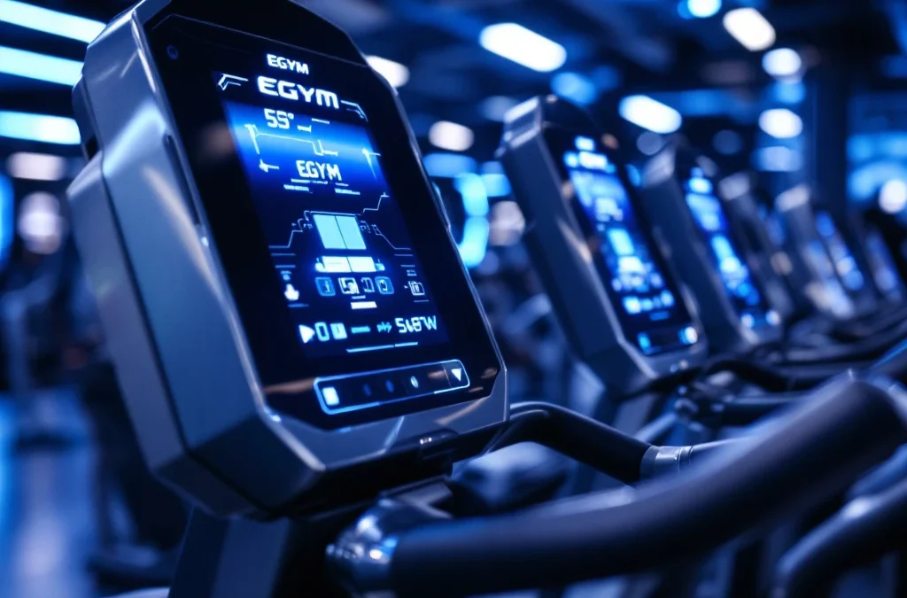 EGYM fitnessapparatuur met blauwe digitale displays en touchscreens in moderne high-tech sportschool