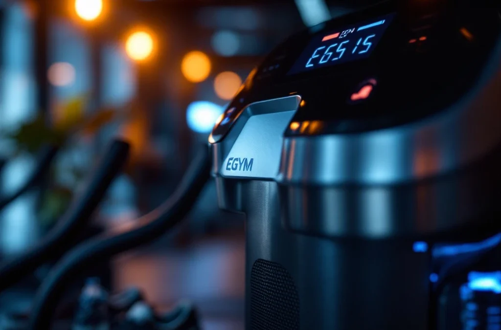 EGYM fitnessapparatuur met digitaal display, blauwe LED-verlichting en sportschoenen in moderne sportschool