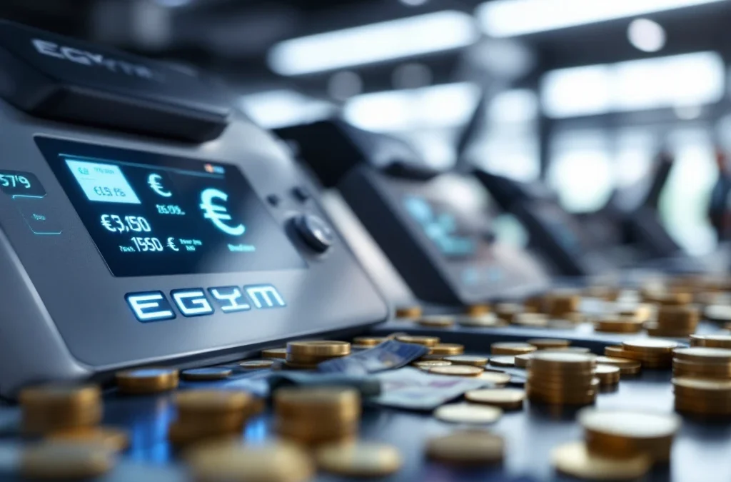 EGYM fitnessapparatuur met digitale displays, touchscreens en euro-prijzen in moderne sportschool