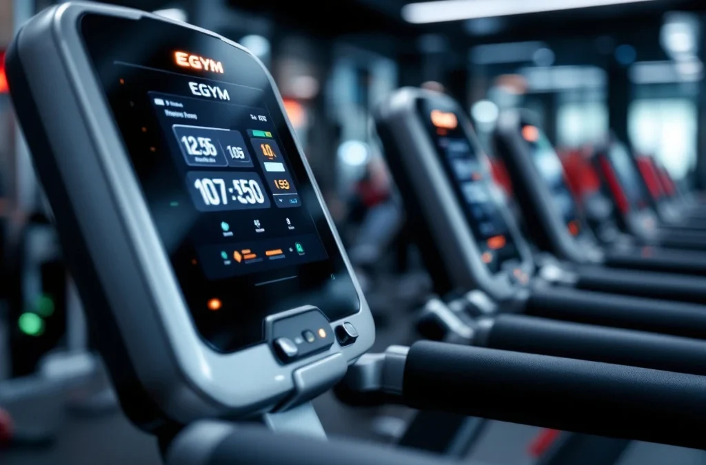 Moderne EGYM fitnessapparatuur met digitale touchscreens en zilver-zwarte afwerking in professionele sportschool