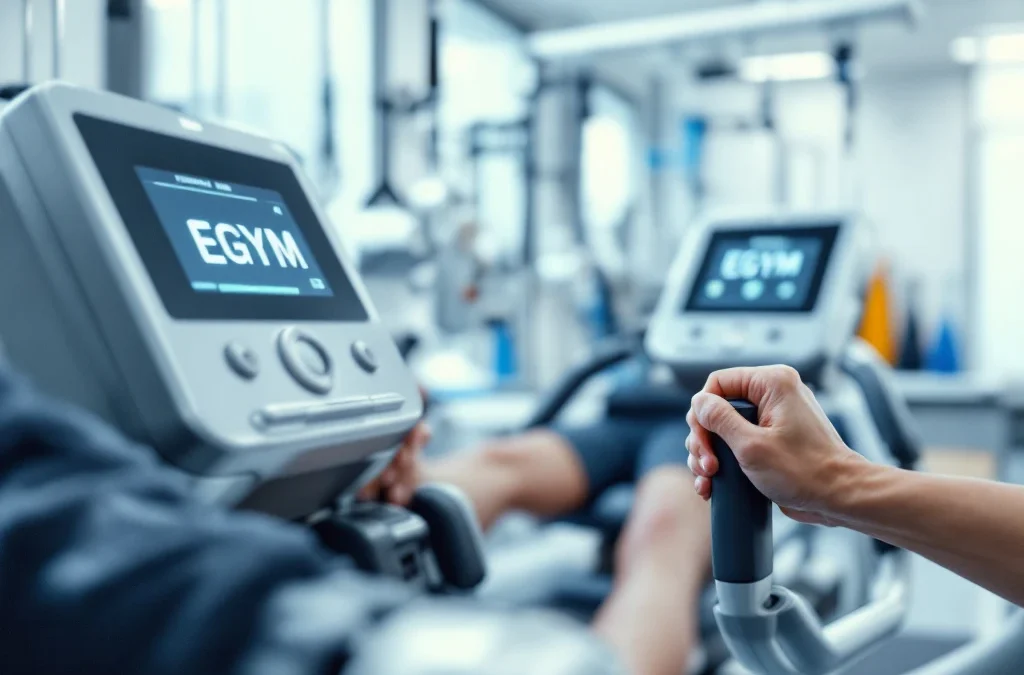 Persoon gebruikt EGYM revalidatieapparatuur in moderne fysiotherapiekliniek met digitale displays en medische hulpmiddelen