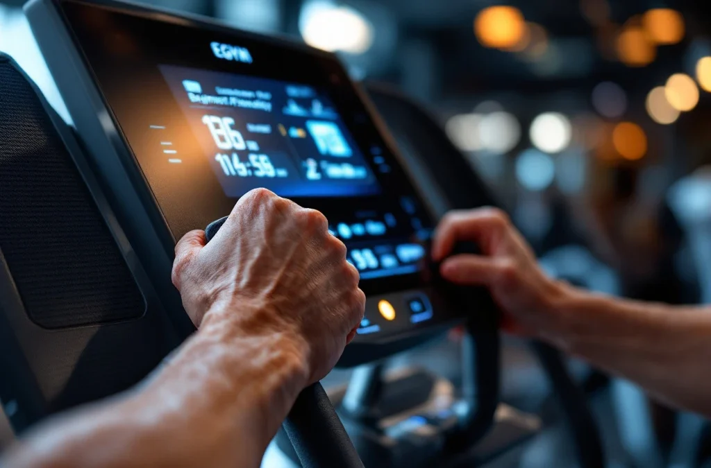 Moderne EGYM fitnessapparatuur met digitale displays en chromen afwerking, handen op ergonomische handgrepen