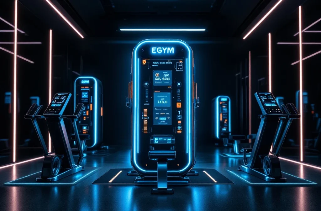 Moderne sportschool met slimme EGYM fitnessapparatuur, digitale touchscreens en LED-verlichting in donkere ruimte