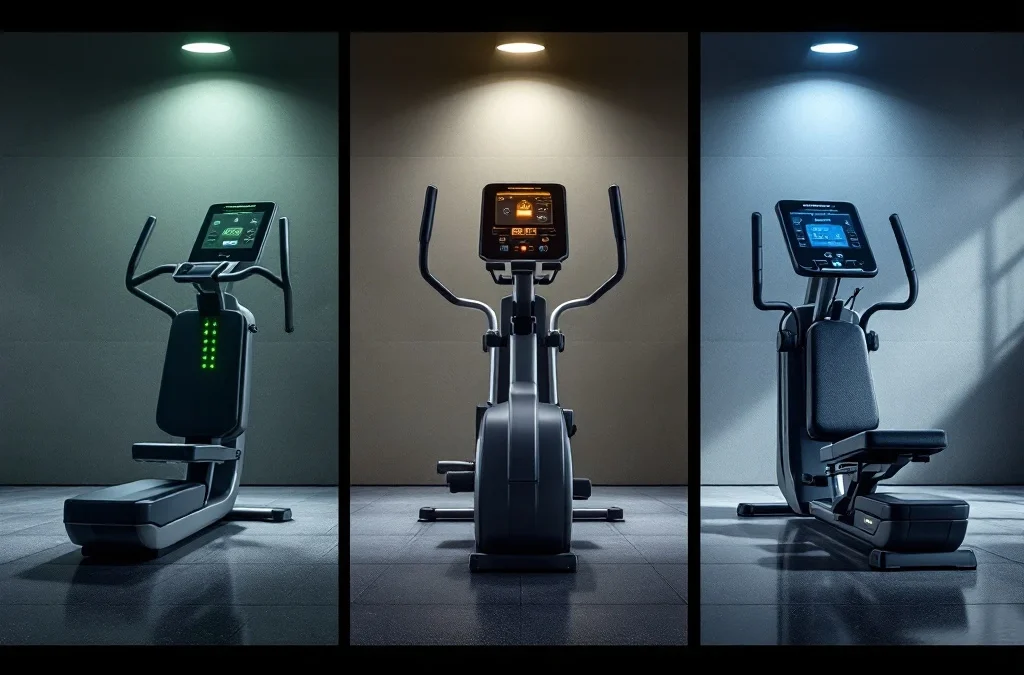 Drie EGYM fitnessapparaten in moderne sportschool: beginners groene interface, gemiddeld amber, gevorderd blauw display