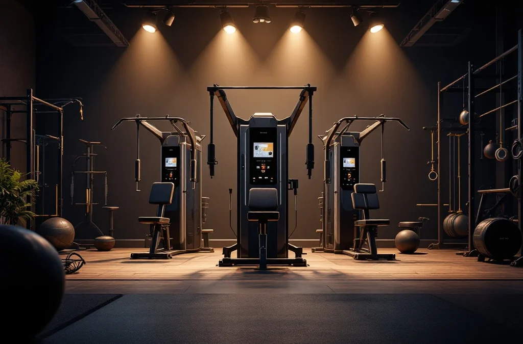 Moderne EGYM smart fitnessapparatuur met digitale displays in premium sportschool met functionele trainingstools