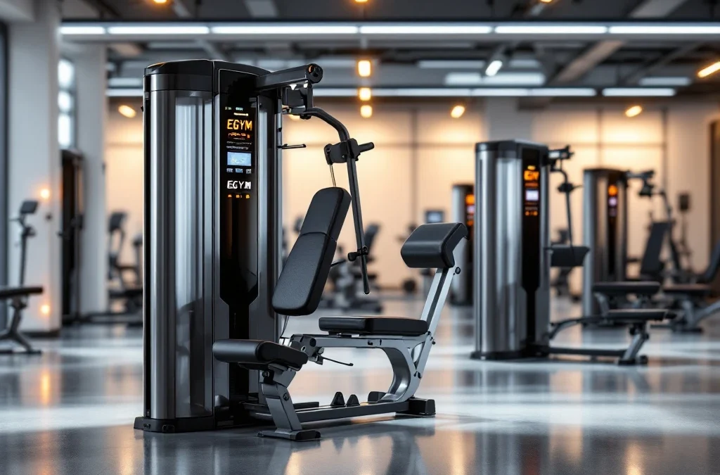 Moderne EGYM fitnessapparatuur in professionele sportschool met digitale displays en LED-verlichting