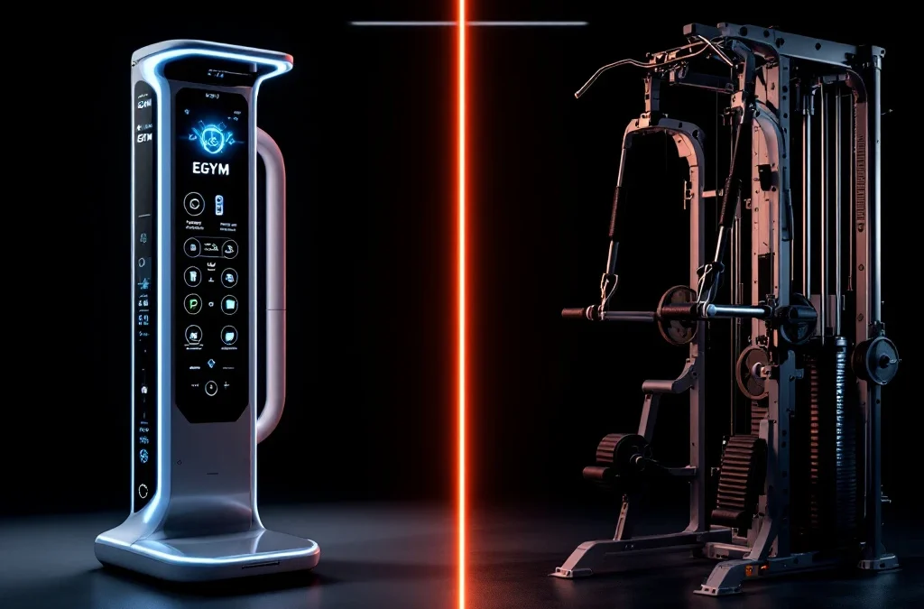 Moderne EGYM smart fitnessapparaat met digitale displays naast traditionele gymapparatuur met gewichten