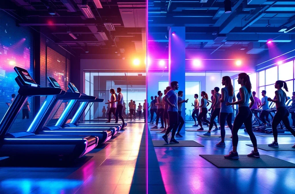 EGYM slimme fitnessapparatuur met digitale displays naast groepsfitness les in moderne sportschool studio