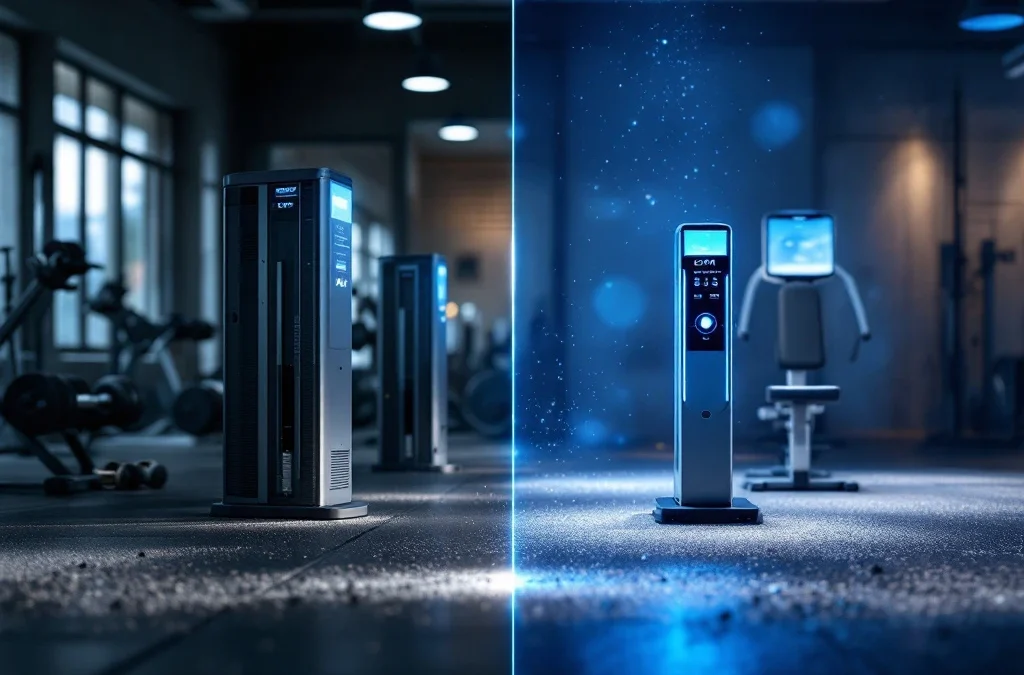 Moderne EGYM slimme fitnessapparatuur met LED-verlichting naast traditionele sportschooluitrusting met halters