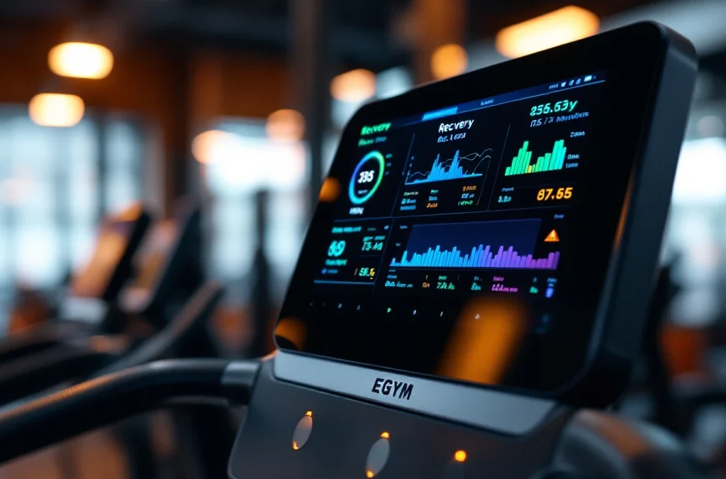 EGYM smart fitness machine digitaal display toont kleurrijke herstelmetrieken en hartslag grafieken in moderne sportschool